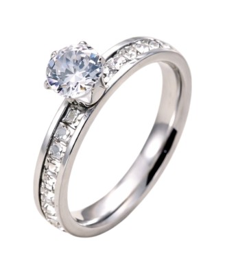 Bague Femme Acier Inoxydable Zircon 6mm Strass Luxe + Pochette Velours