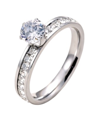 Bague Femme Acier Inoxydable Zircon 6mm Strass Luxe + Pochette Velours