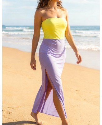 Robe de plage longue bustier femme bicolore jaune lilas fendue  Taille 38 42
