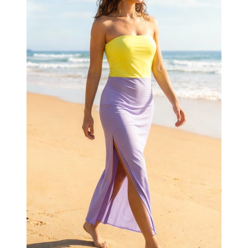 Robe de plage longue bustier femme bicolore jaune lilas fendue  Taille 38 42