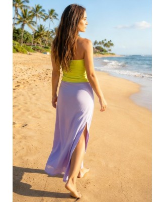 Robe de plage longue bustier femme bicolore jaune lilas fendue  Taille 38 42