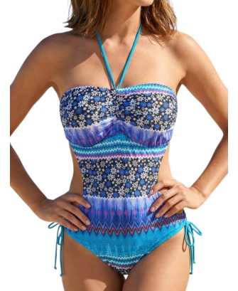 Maillot de bain femme 1 pièce bandeau motif géométrique M à XL  Sans armature,