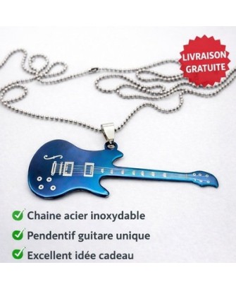 Collier Guitare Électrique Bleue 7 cm Acier Inoxydable 66 cm Rock Unisexe