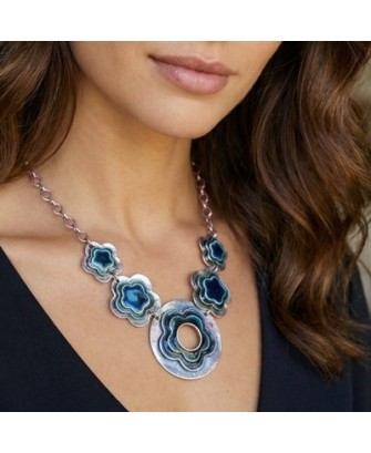 Collier Femme Floral Fleurs Bleues Acier Inoxydable Réglable 50cm Élégant Chic