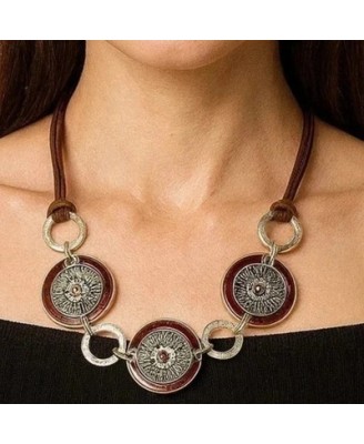 Collier Femme Bohème Vintage 60 cm Acier Inoxydable, Résine Marron Médaillons