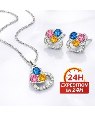 Parure Cur Acier Inoxydable Collier + Boucles Cristaux Multicolores Femme