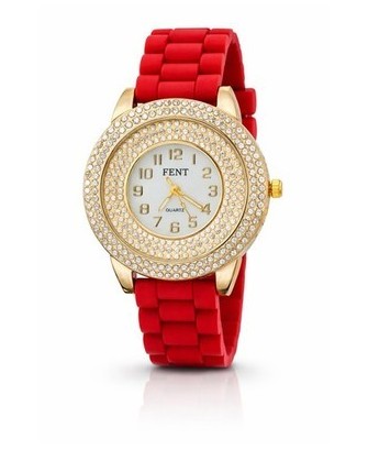 Montre Femme Rouge Dorée Strass Quartz Bracelet Silicone 20cm
