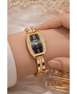 Montre Femme Bijou Dorée Strass Cadran Noir Quartz Acier Inox 18 cm Chic