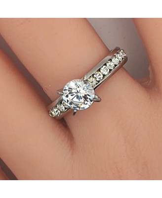 Bague Femme Acier Inoxydable Zircon 6mm Strass Luxe + Pochette Velours