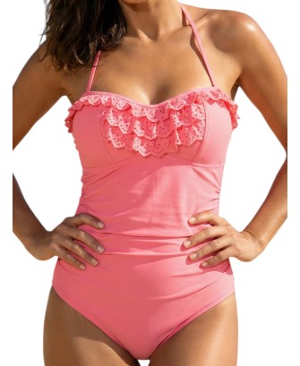 Maillot de bain une pièce femme rose  volanté fine mousse sans armature S à 2XL