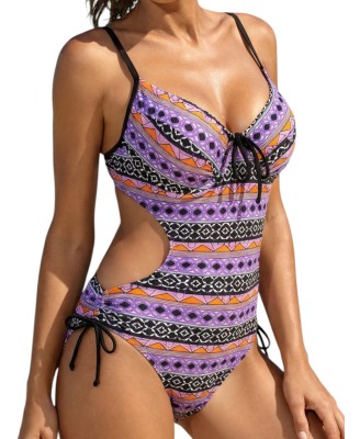 Maillot bain femme 1 pièce armature rigide ethnique violet noir orange M, L, XL