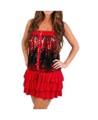 Robe Rouge Sequins Femme Courte Bretelles Volants Soirée Fêtes Taille Unique