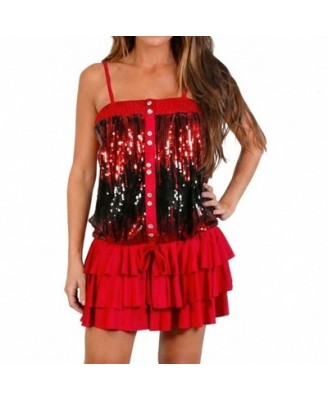 Robe Rouge Sequins Femme Courte Bretelles Volants Soirée Fêtes Taille Unique