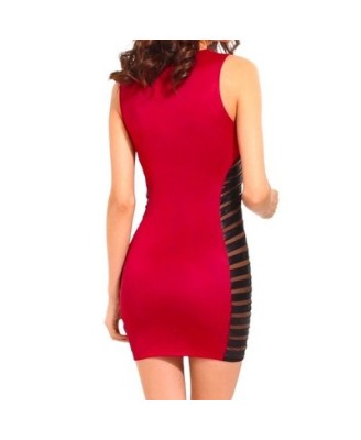 Robe Rouge Moulante Femme Mini Sexy Côtés Transparence Effet Cuir S/M