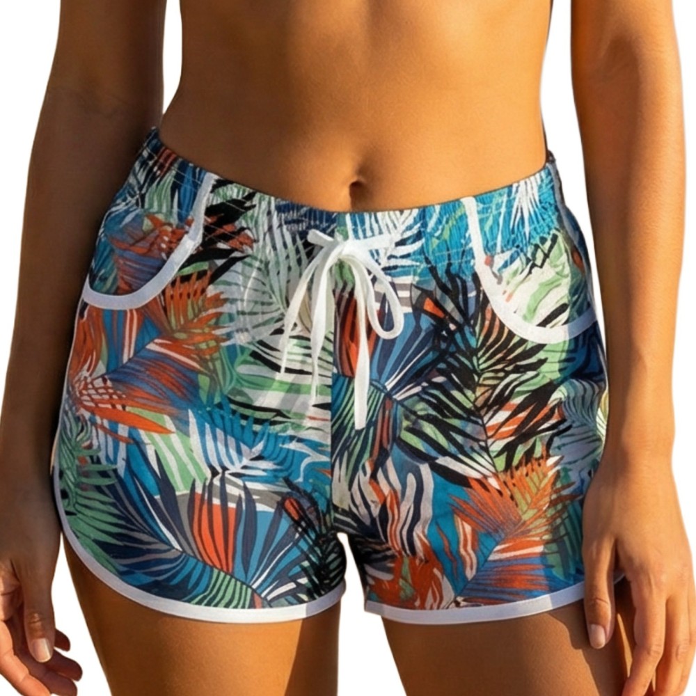 Short de Plage Femme Imprimé Tropical  Taille M/L  ceinture élastique.