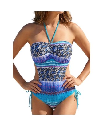 Maillot de bain femme 1 pièce bandeau sans armatures motif géométrique Bleu