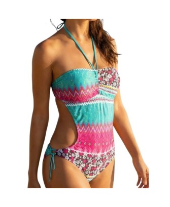 Maillot de bain femme 1 pièce bandeau sans armatures motif géométrique vert Turquoise