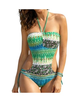 Maillot de bain femme 1 pièce bandeau sans armatures motif géométrique Vert