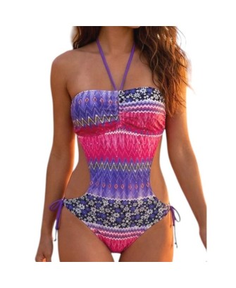 Maillot de bain femme 1 pièce bandeau sans armatures motif géométrique Mauve