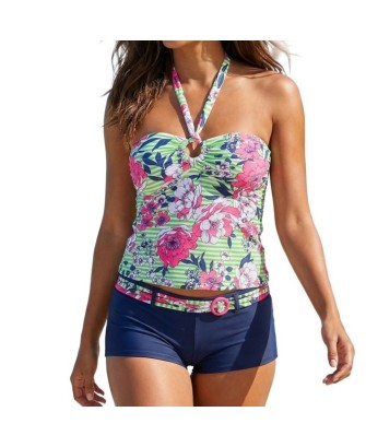 Tankini Maillot de bain Femme Floral Bleu/Vert, Bonnets sans Armature avec mousse