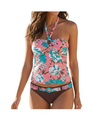 Tankini Maillot de bain Femme Floral Marron, Bonnets sans Armature avec mousse