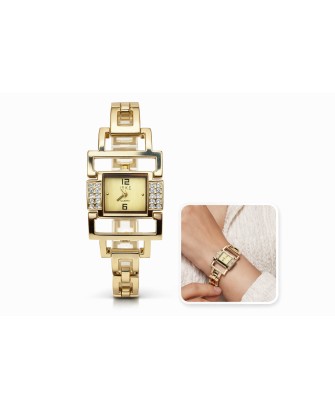 Montre Femme Dorée Carré Quartz Acier Inoxydable Cristaux Bracelet 18 cm