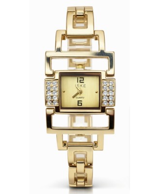 Montre Femme Dorée Carré Quartz Acier Inoxydable Cristaux Bracelet 18 cm