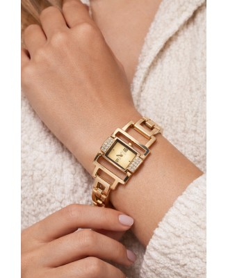 Montre Femme Dorée Carré Quartz Acier Inoxydable Cristaux Bracelet 18 cm