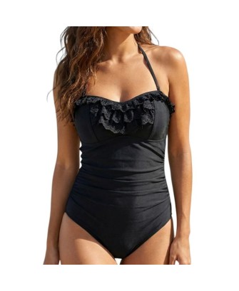 Maillot de bain une pièce femme volanté Bonnets sans armatures avec fine mousse Noir