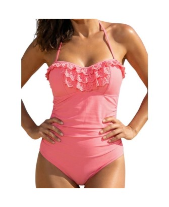 Maillot de bain une pièce femme volanté Bonnets sans armatures avec fine mousse Saumon