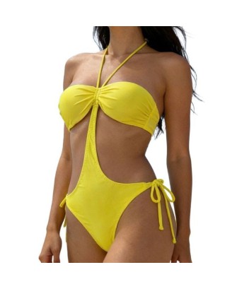 Ensemble Maillot Bain Femme Push-up 1 Pièce + Culotte Bikini Convertible en 2 pièces  Jaune