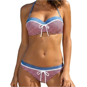 Bikini femme denim rayé rouge  push-up léger  avec armatures