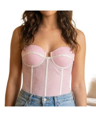 Bustier Femme Dentelle Rose LOVIE Baleines Souples Lacé Dos, Taille  S Chic