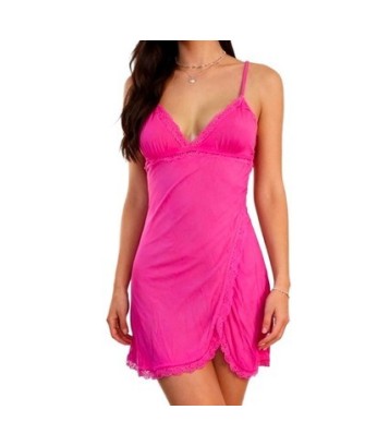 Lingerie Nuisette Femme Rose Fuchsia + String Dentelle Assortie, Taille L